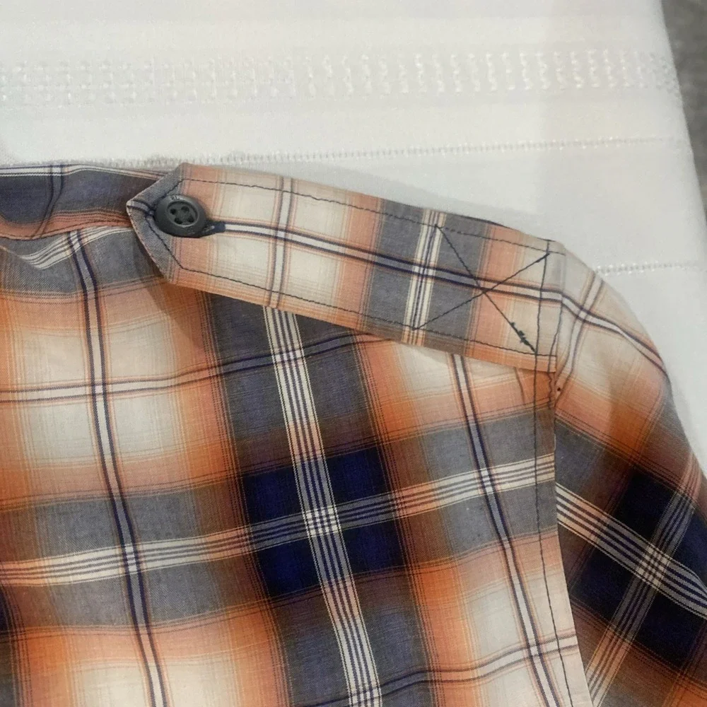 Banana Republic Mens Orange Navy Plaid Epaulette Button Down Shirt Large L